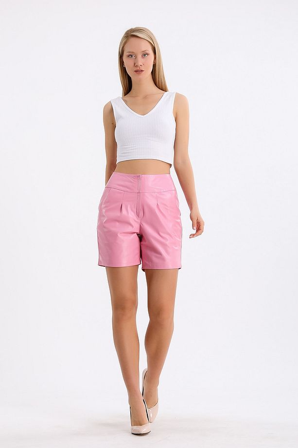 Pembe Regular Fit Deri Şort - 1