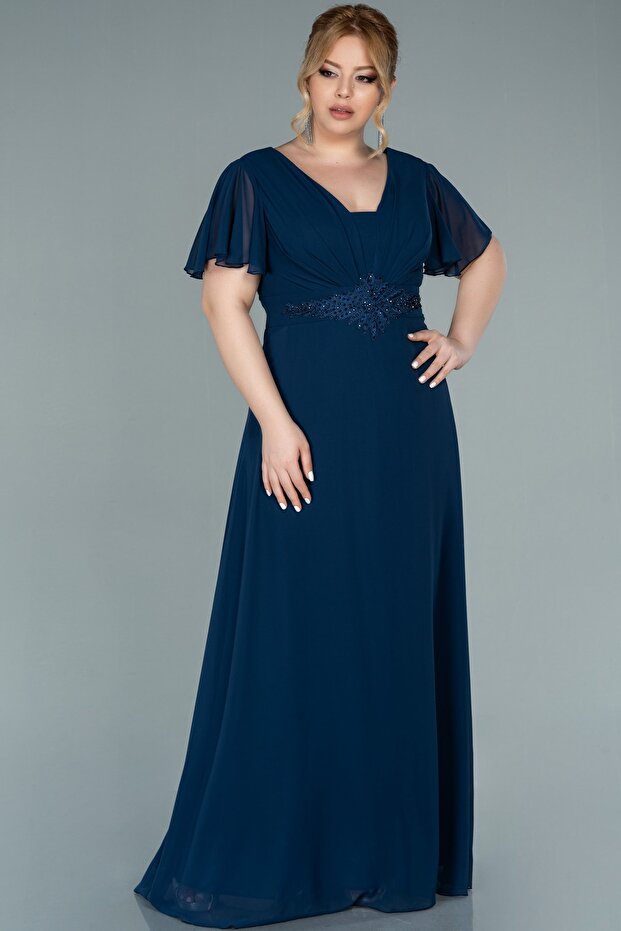 Navy Blue Chiffon Plus Size Evening Dress - Short Sleeve, Long, Abu2308