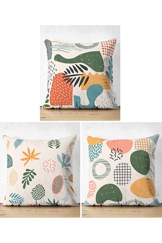 3-Piece Double Sided Colorful Drawing Bohemian Motif Modern Suede Pillow Throw Pillow Cover Set