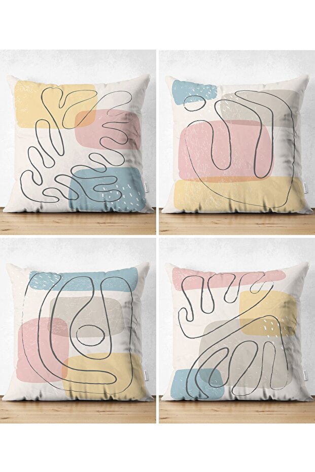 4-Piece Double-Sided Modern Suede Pillow Throw Pillow Cover Set with Onedraw Drawing on Colorful Background