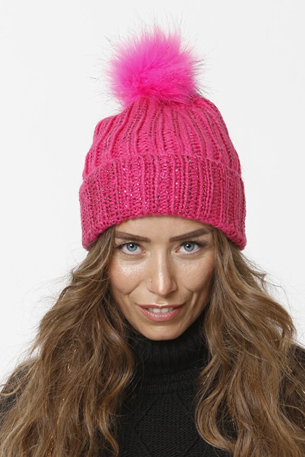 75 Jewelled Folded Pompom Knitted Beanie - Fuchsia