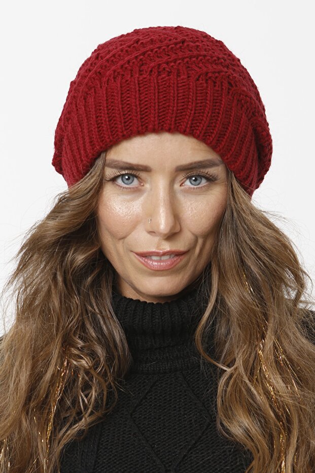 Women's Burgundy Basket Knit Lined Knitwear Beanie