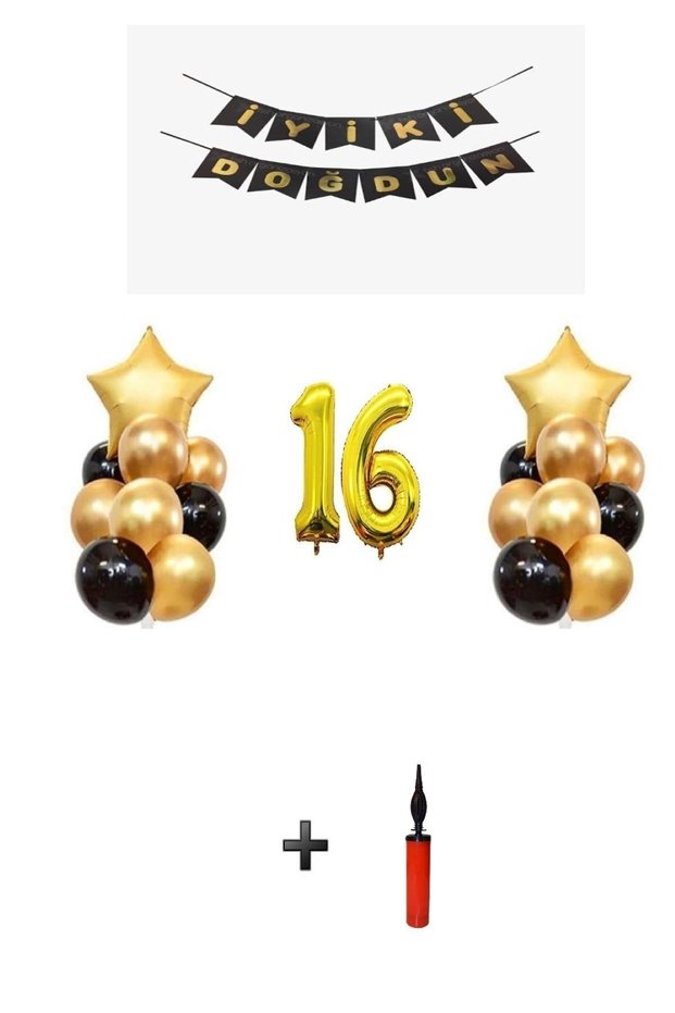 16 Years - Golden Gold Foil Balloon Party Set + Balloon Pump Gift!!-- Skradaparti154