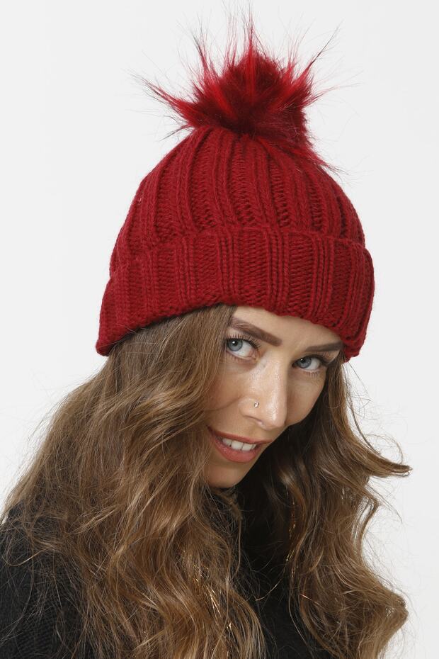 Katlamalı Kürk Ponponlu Triko Örme Bere Bordo - 2