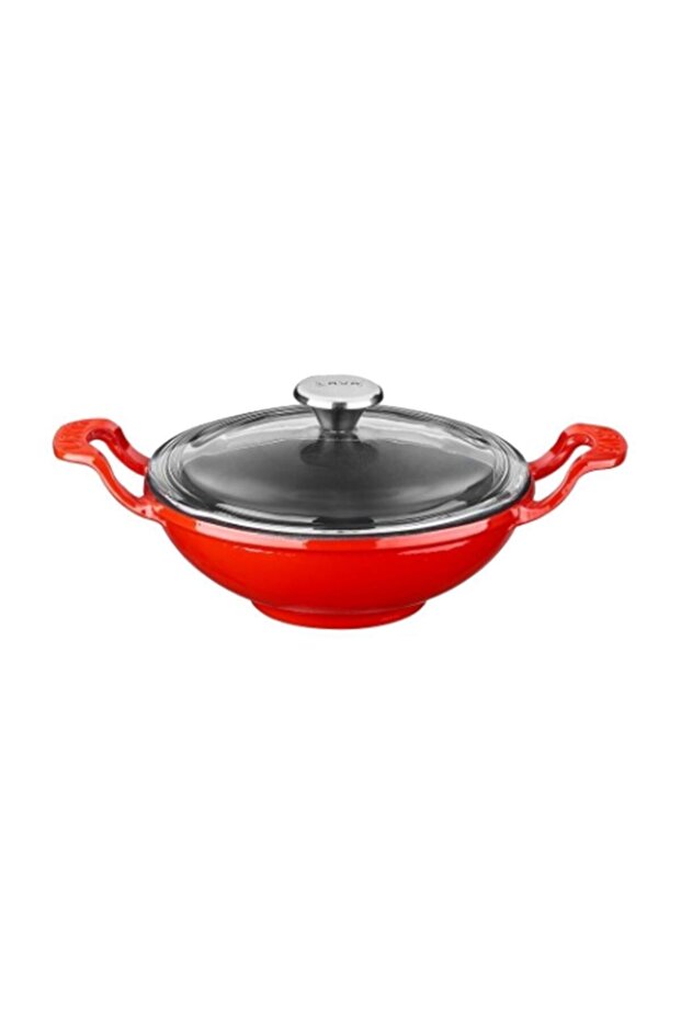 Cast Metal Handle Wok Pan with Glass Lid 16 Cm Red (SMALL SIZE-2 PERSON)