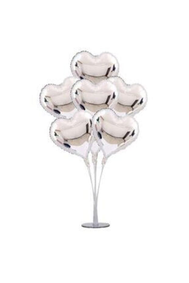 Footed Heart Balloon Stand + Silver-Silver Foil Heart Balloons--skradaparti223