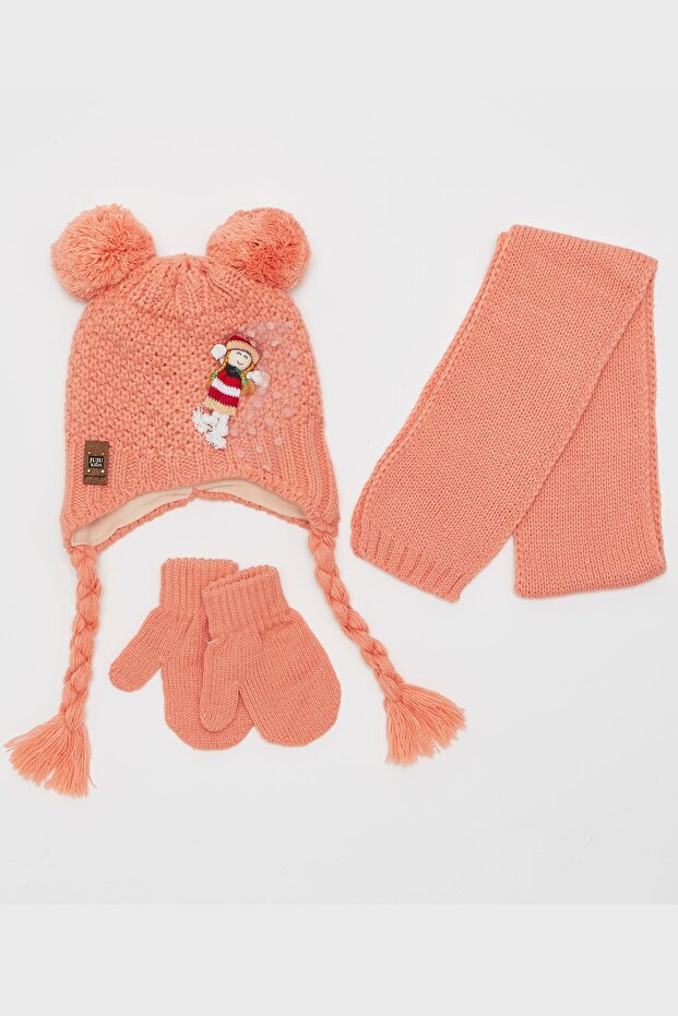 Baby Girl Salmon Teddy Bear 3-Piece Beanie Set