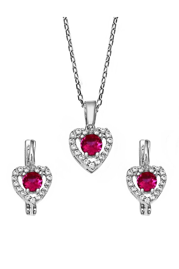 925 Ayar Gümüş Kalp Figürlü Ruby Zirkon Taşlı Set - S016802 - 1