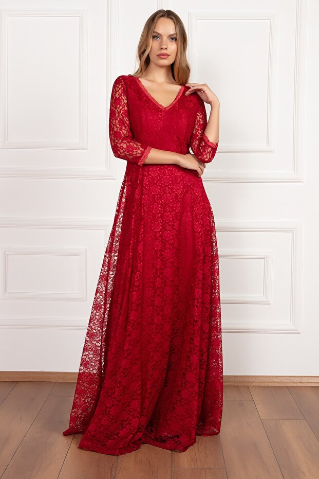 Kristy 3810-2 V Yaka Dantel Uzun Elbise - 5
