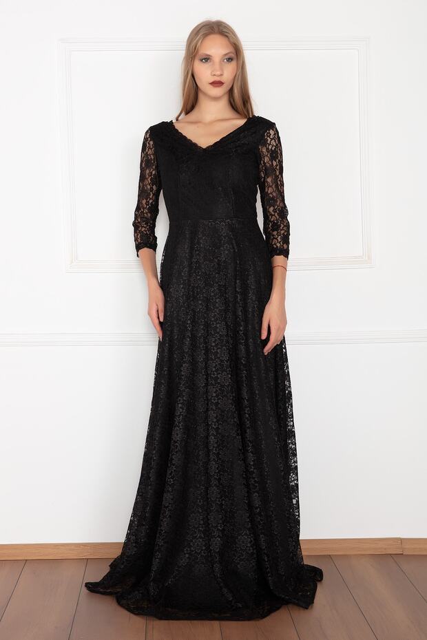 Kristy 3810-2 V Yaka Dantel Uzun Elbise - 1