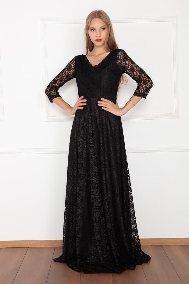 Kristy 3810-2 V Yaka Dantel Uzun Elbise - 2