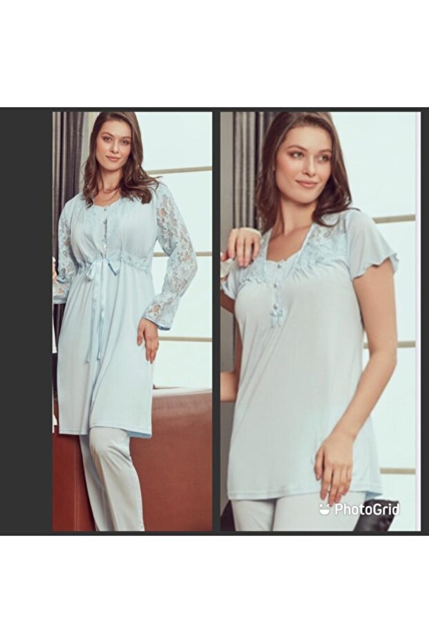 4902 Blue Maternity 3-Piece Lace Sleeve Pajamas Dressing Gown