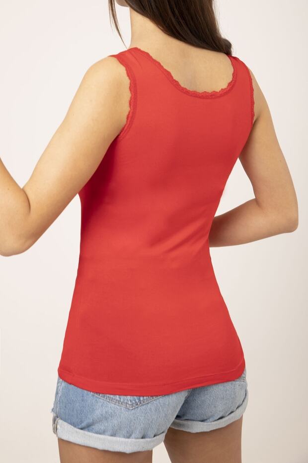 Kadın Kırmızı Dantel Detaylı Kalın Askılı Basic Atlet - 6