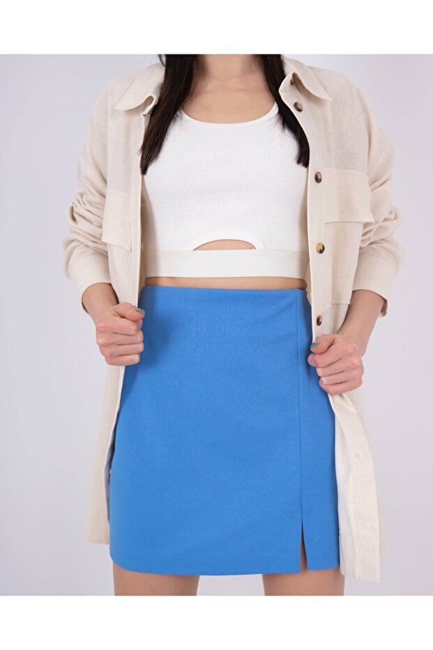 Mavi Yırtmaçlı Mini Dokuma Etek - 1