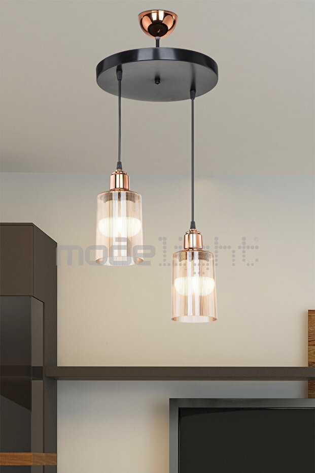 Aksel Bakır Duylu 2li Optik Camlı Avize - 1