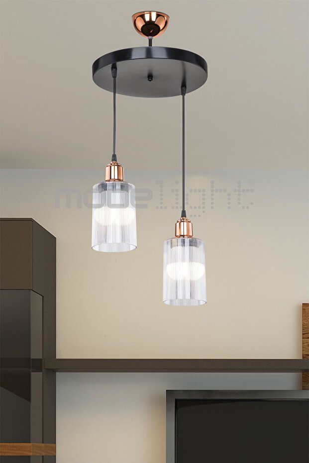 Aksel Bakır Duylu 2li Optik Camlı Avize - 1