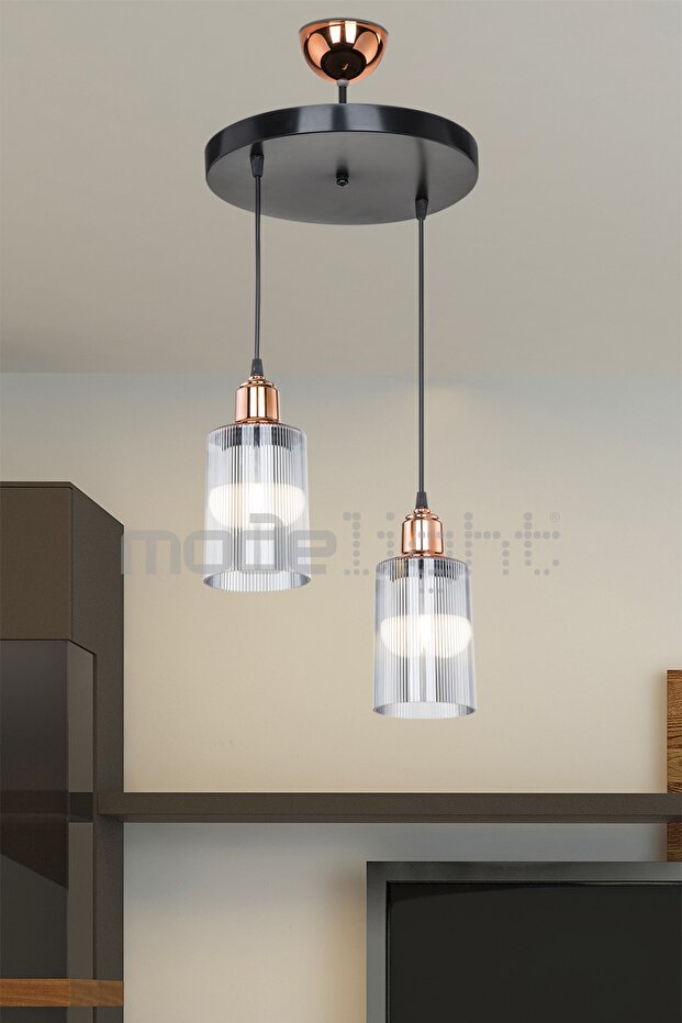 Aksel Bakır Duylu 2li Optik Camlı Avize - 1