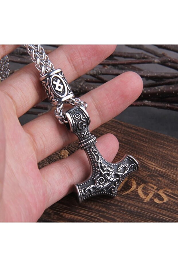 Thor Scandinavian Mjollnir Othila Knitted Chain with Engraving Accessories Gray 316L Men's Steel Necklace