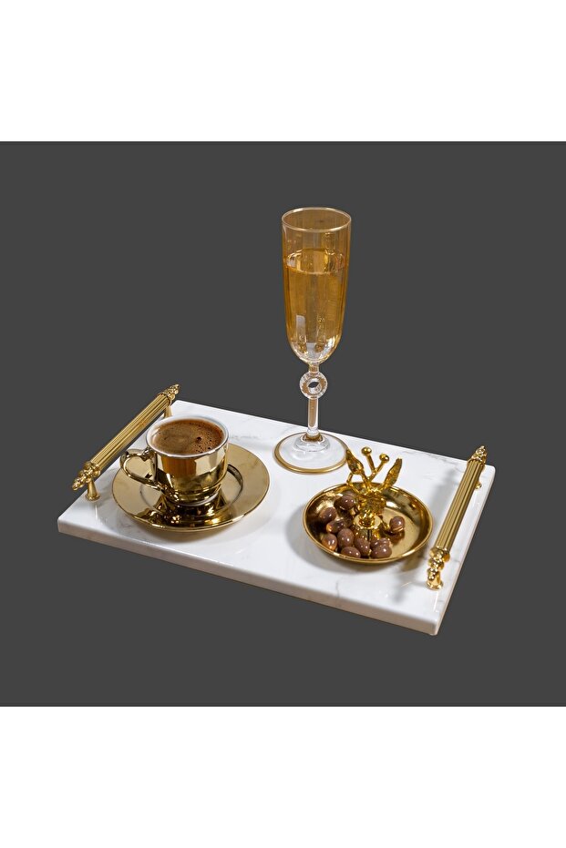 Veys- Promise & Engagement & Presentation Tray - Tea Coffee Tray - Gold Handle - White Marble