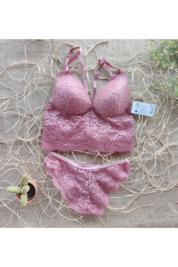 Dantelli Bralet Pembe Takım