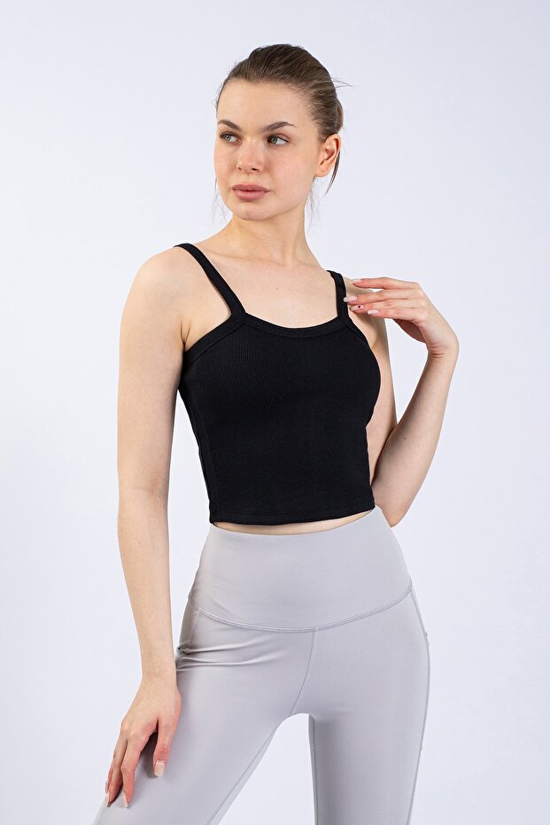 Women's Black Ribbed Crop Knitted Strappy Undershirt