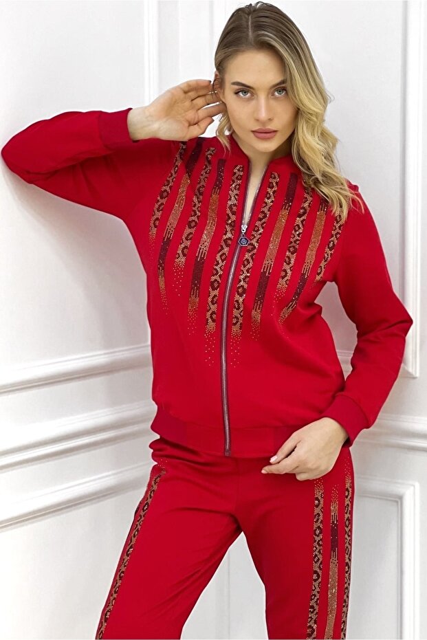 Large Size Women's Two Thread Cotton Tracksuit Set with Red Leopard Crystal Stones