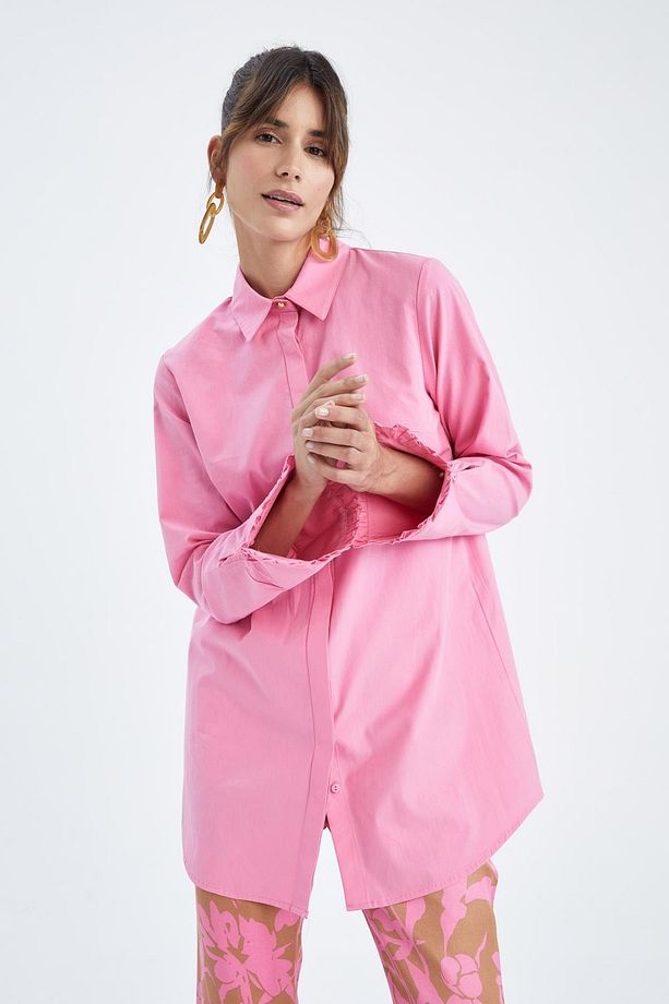 Relax Fit Gömlek Yaka Uzun Kollu Poplin %100 Pamuk Tunik - 7