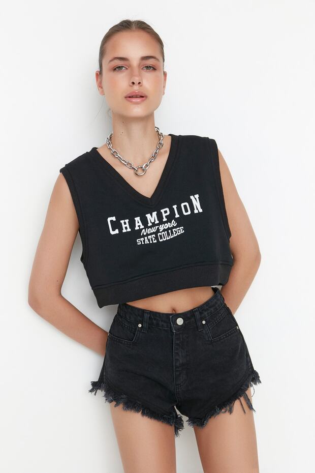 Siyah Yırtıklı Yüksek Bel Mini Denim Şort TWOSS22SR00152 - 2