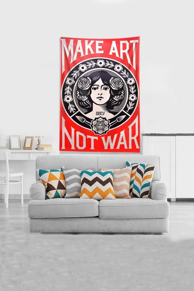Red Make Art Not War Stain Resistant Velvet Fabric Wall Cloth Wall Carpet Tapestry