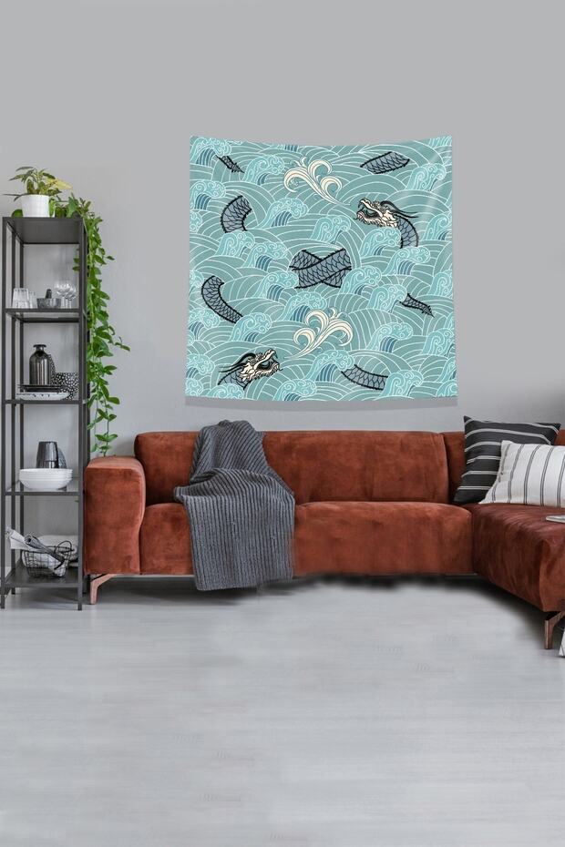 Dragon Inside the Blue Ocean Stain Resistant Velvet Fabric Wall Cloth Wall Tapestry Tapestry