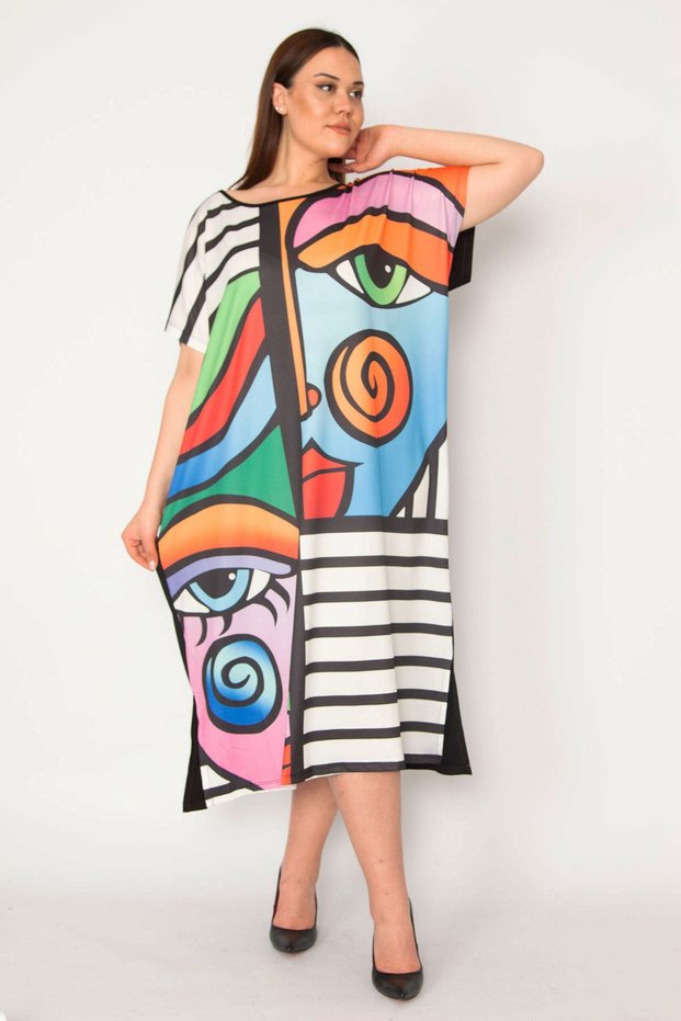 Women's Plus Size Black Digital Printed Long Color Dress with Side Pockets 65n32906