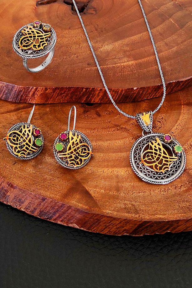 Kök Yakut Ve Zümrüt Taşlı Tuğralı Otantik Telkari Gümüş Set Yüzük Küpe Kolye Set-326 - 1