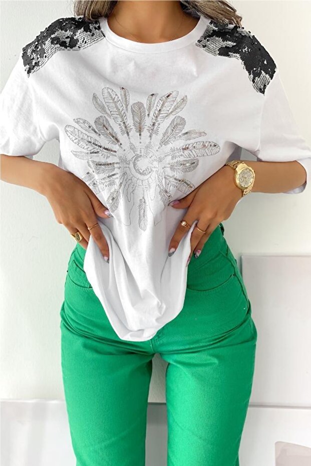 Women's Shoulder Sequin Embroidered Cotton T-shirt