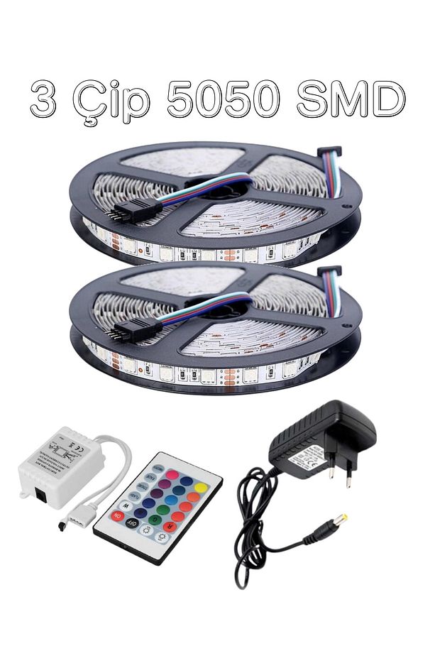 Şerit Led Rgb 3 Çip 10 m 5050 Smd Tak Çalıştır Rgb Led Iç Mekan Slikonsuz - 1
