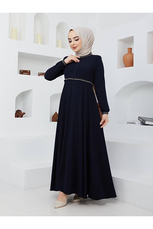 Summer Mevlana Model Flared Abaya and Topcoat with Patterned Sleeves and Waist