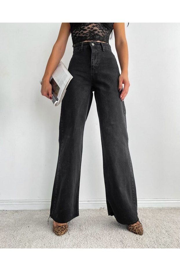 Polina 90's Lycra Women's Black Super High Waist Loose Leg Denim Jeans Palazzo Pants