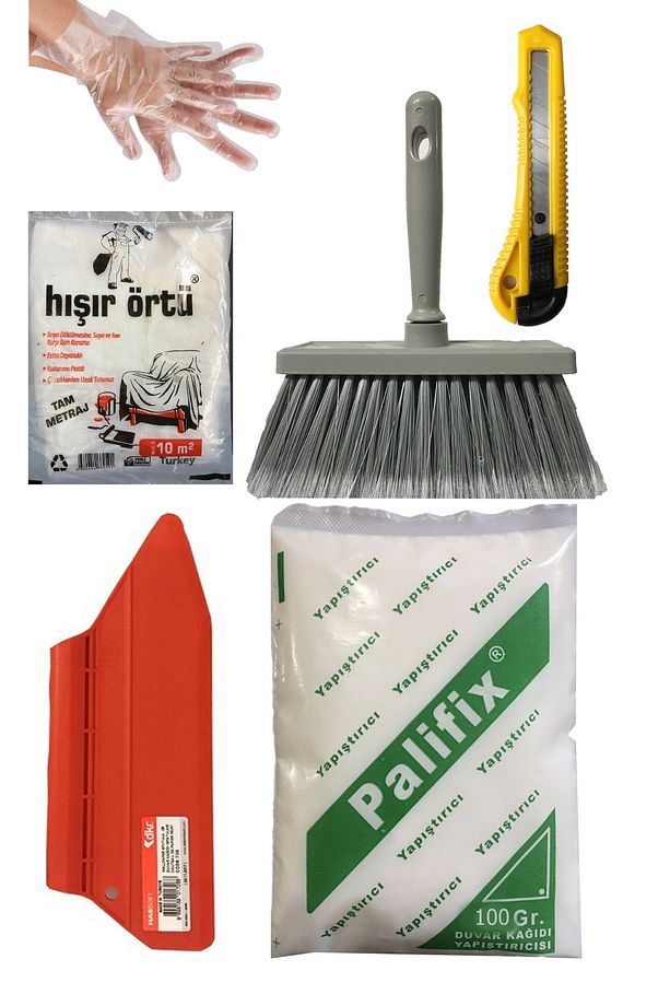 6lı Süperr Set Duvar Kağıdı Uygulama Seti Yapıştırıcısı /100 Gram Tutkal/spatula/fırça/eldiven/örtü - 1