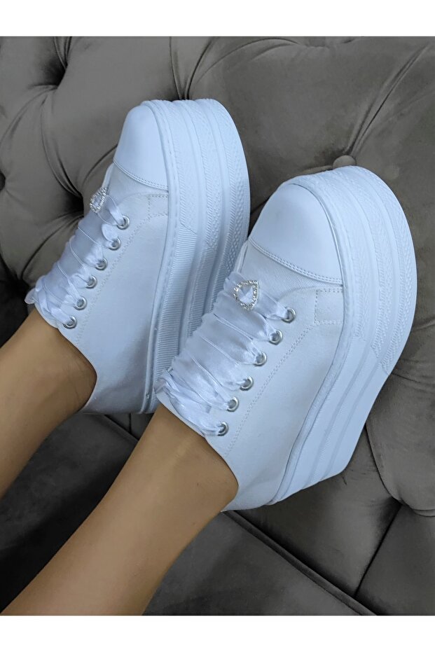 Menyasszonyi cipő fehér vászon platform lapos talp 7 cm extrém kényelmes - 3