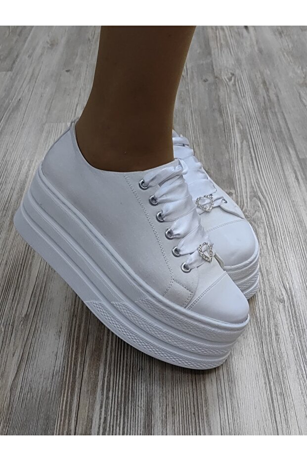 Menyasszonyi cipő fehér vászon platform lapos talp 7 cm extrém kényelmes - 5