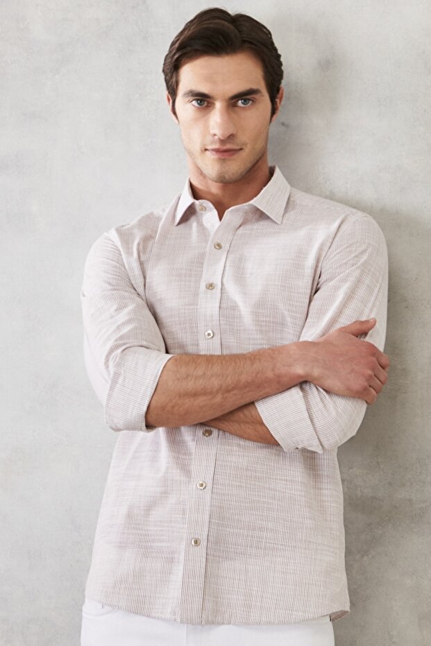 Men's Beige Slim Fit Slim Fit 100% Cotton Classic Collar Striped Shirt