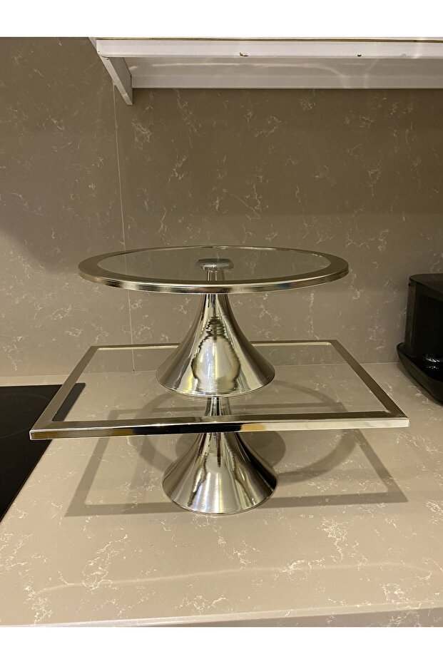 Round and Rectangular Silver Cake Pastalik Set - 1