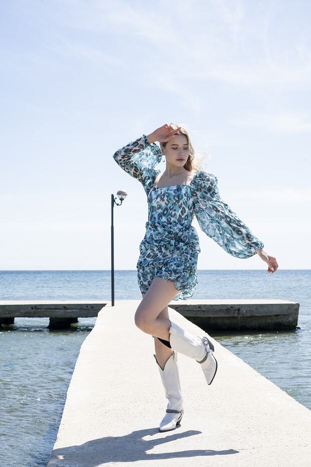Spring Blue Leopar Desenli Elbise - 6