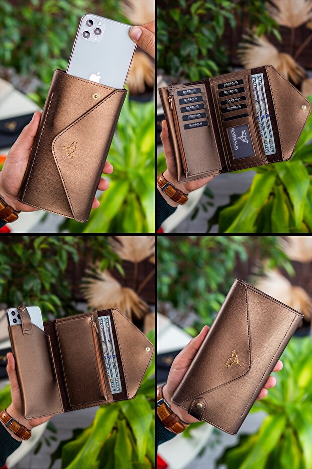 Copper Envelope-Style Women's Wallet with Phone and Coin Compartments
