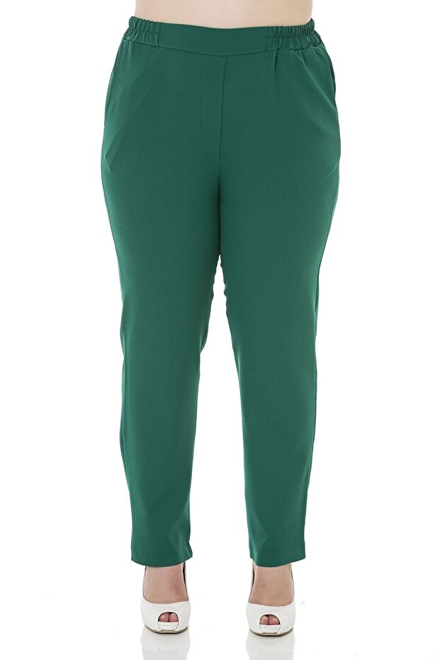 Plus Size Emerald Green Trousers with Elastic Waist Side and Back Narrow Leg Pockets
