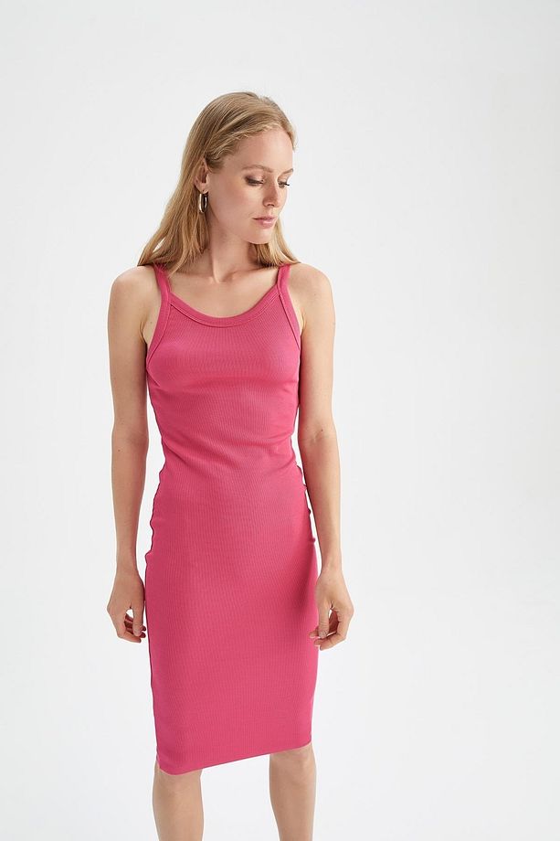 Bodycon Askılı Midi Örme Elbise - 4