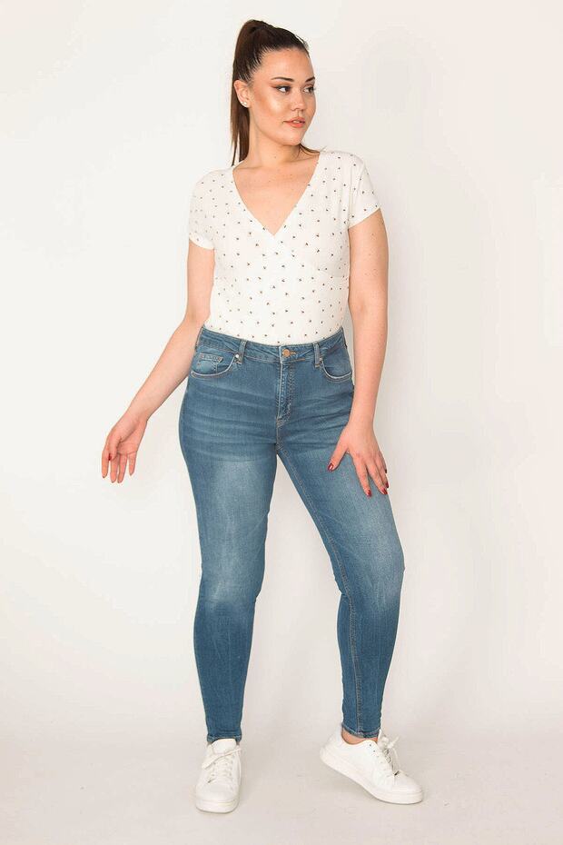 Women's Large Size Blue 5 Pocket Lycra Skinny Jean Pants 65n33007
