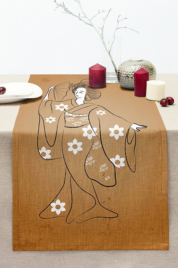 Traditional Japanese Female Figure Digital Printed Special Design Decorative Modern Stitched Raschel Runner