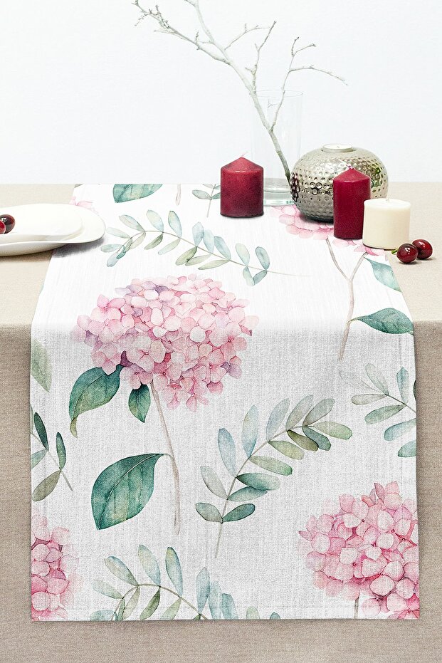 Green Leaf Hydrangea Flower Digital Printed Modern Stitched Raschel Knitted Runner with White Background
