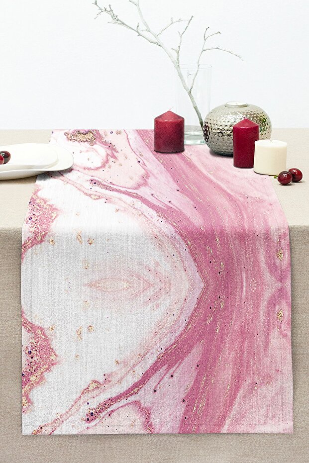 Pink and White Marble Patterned Digital Printed Stitched Raschel Knitted Runner