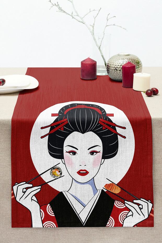 Japanese Girl Eating Sushi Motif Modern Stitched Raschel Knitted Runner